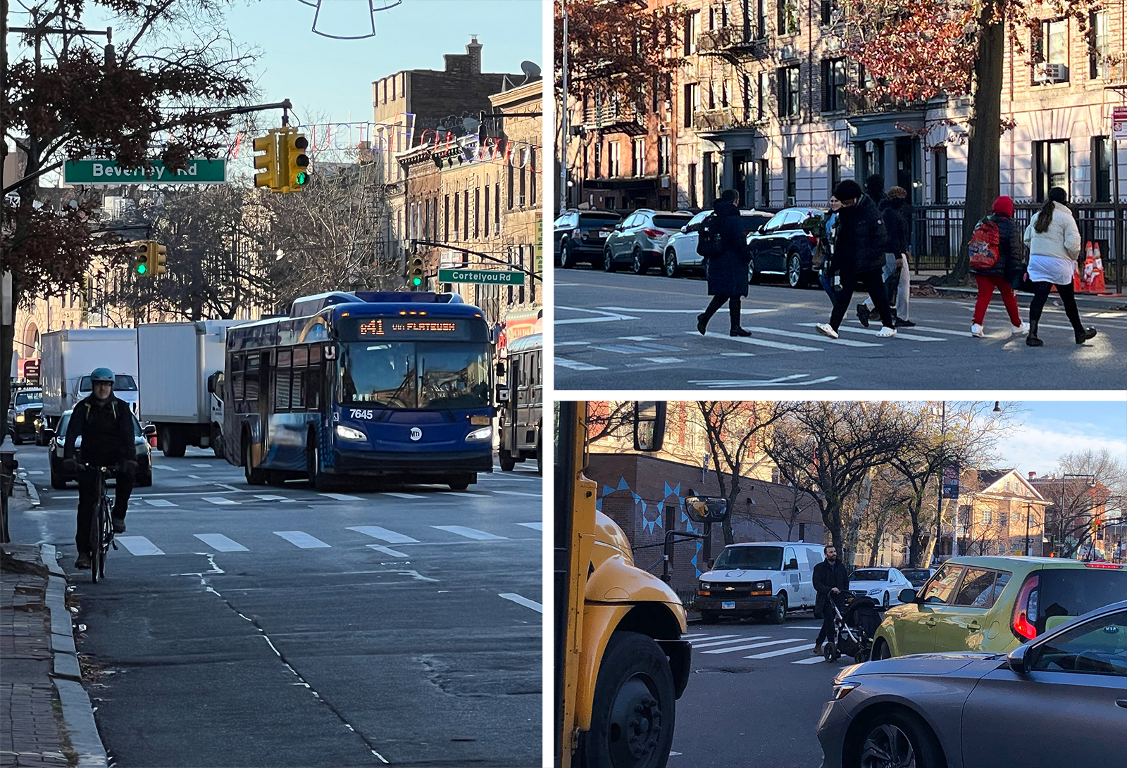 1. A bike and a bus in heavy traffic on a street full of cars and trucks. 2. Several pedestrians in a crosswalk, crossing a wide street. 3. A man in a crosswalk with a stroller, with a car uncomfortably close, waiting to turn.